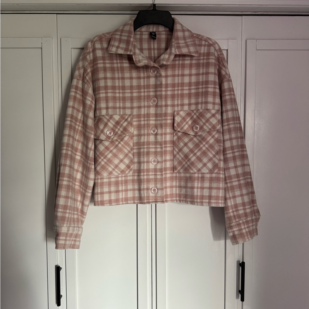 Cropped Pink Plaid Utility Jacket with Front Flap Pockets